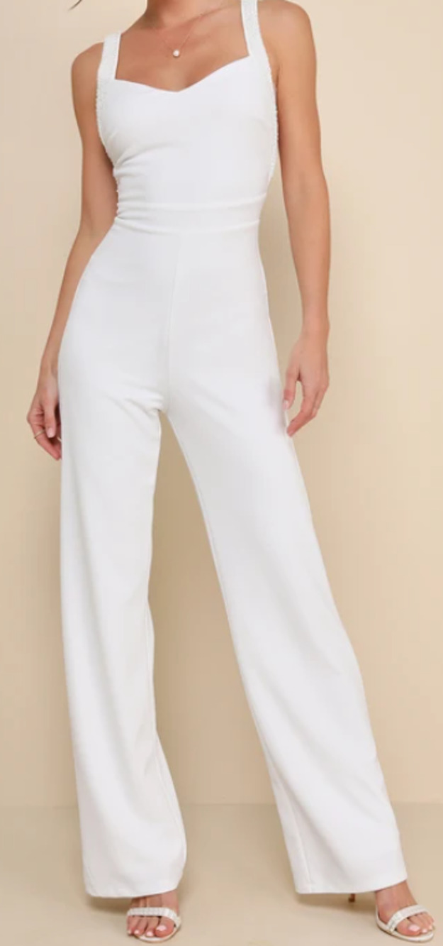 LULU'S L Love Aglow White Pearl Beaded Sleeveless Straight Leg Jumpsuit NEW B29